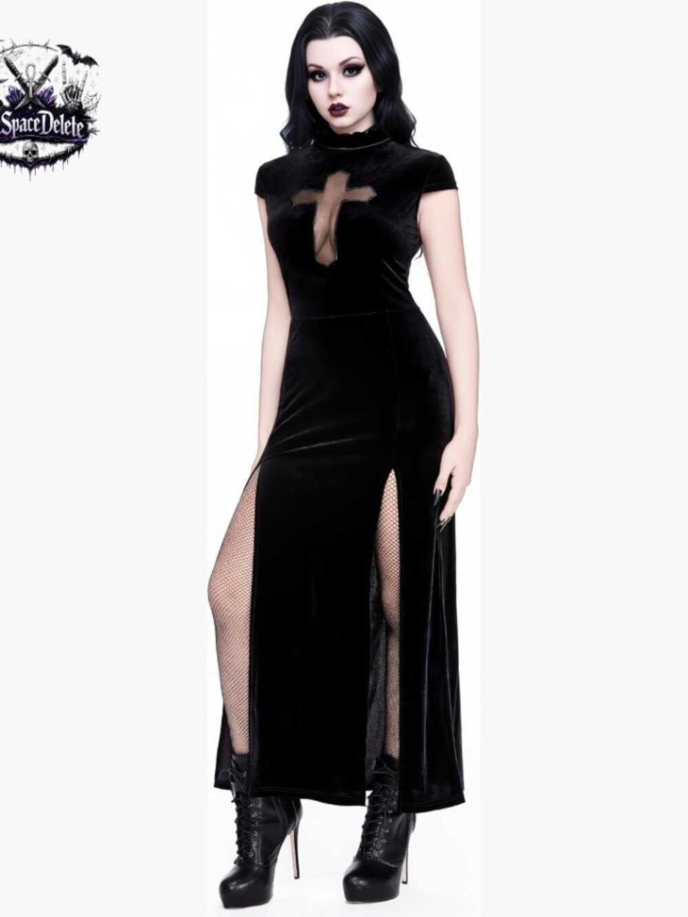 Goth Bodycon Dress with Criss-Cross Cutout and High Slit, Long Sleeve